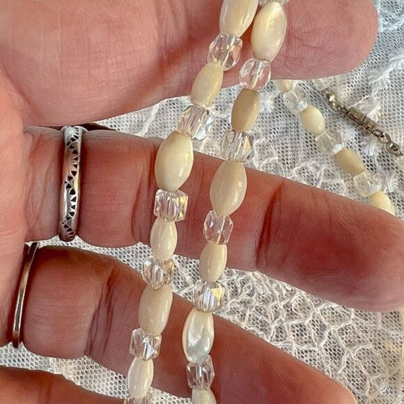 Vintage Mid-Century Mother of Pearl Rice Bead & Crystal Necklace ~27” - Picture 4 of 10